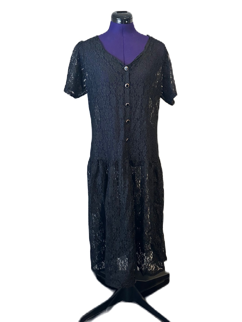 Sheer Black Lace Button Short Sleeve Dress